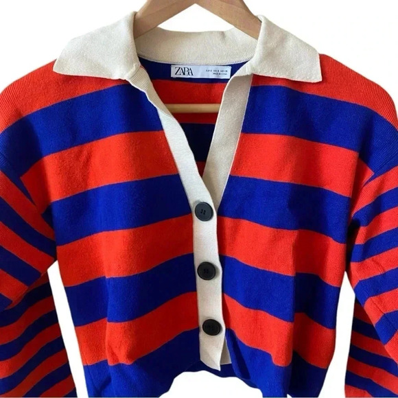 Zara Red Blue Striped Knot Cardigan Crop Sweater Top - Picture 3 of 5